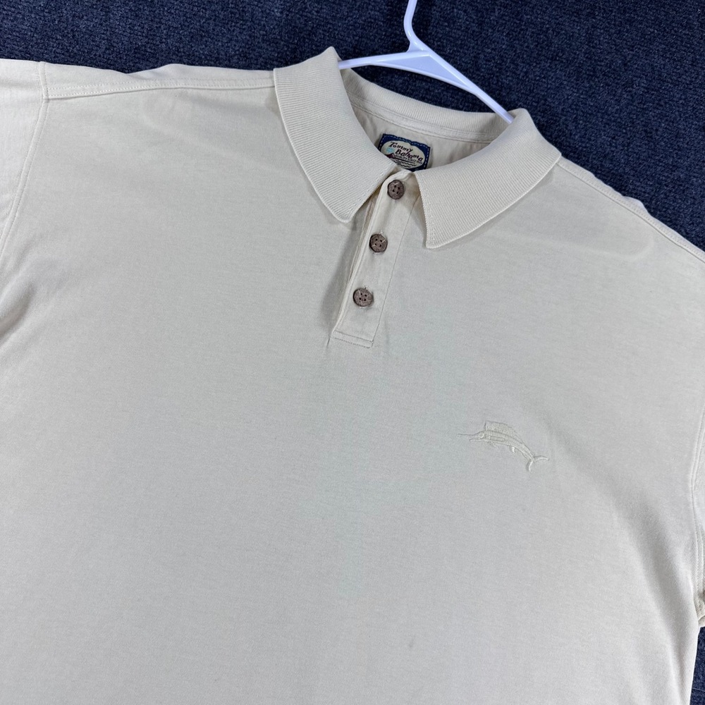 Tommy‎ Bahama Polo Shirt Mens L Large Cream Embroidered Marlin Short Sleeve